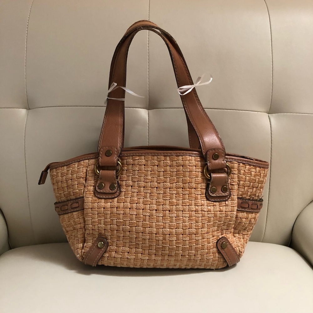 Fossil Tan and Brown Woven Straw Shoulder Bag